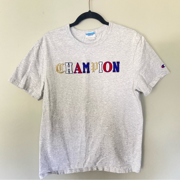 Vintage 90s Champion Logo Spell Out Tee Felt Letters-Heather Grey-Men's Size M - Picture 1 of 5